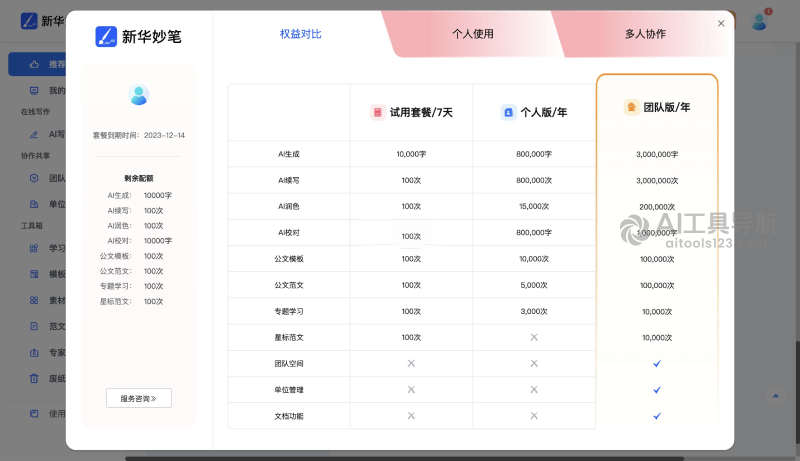 新华妙笔不同价格权益对比